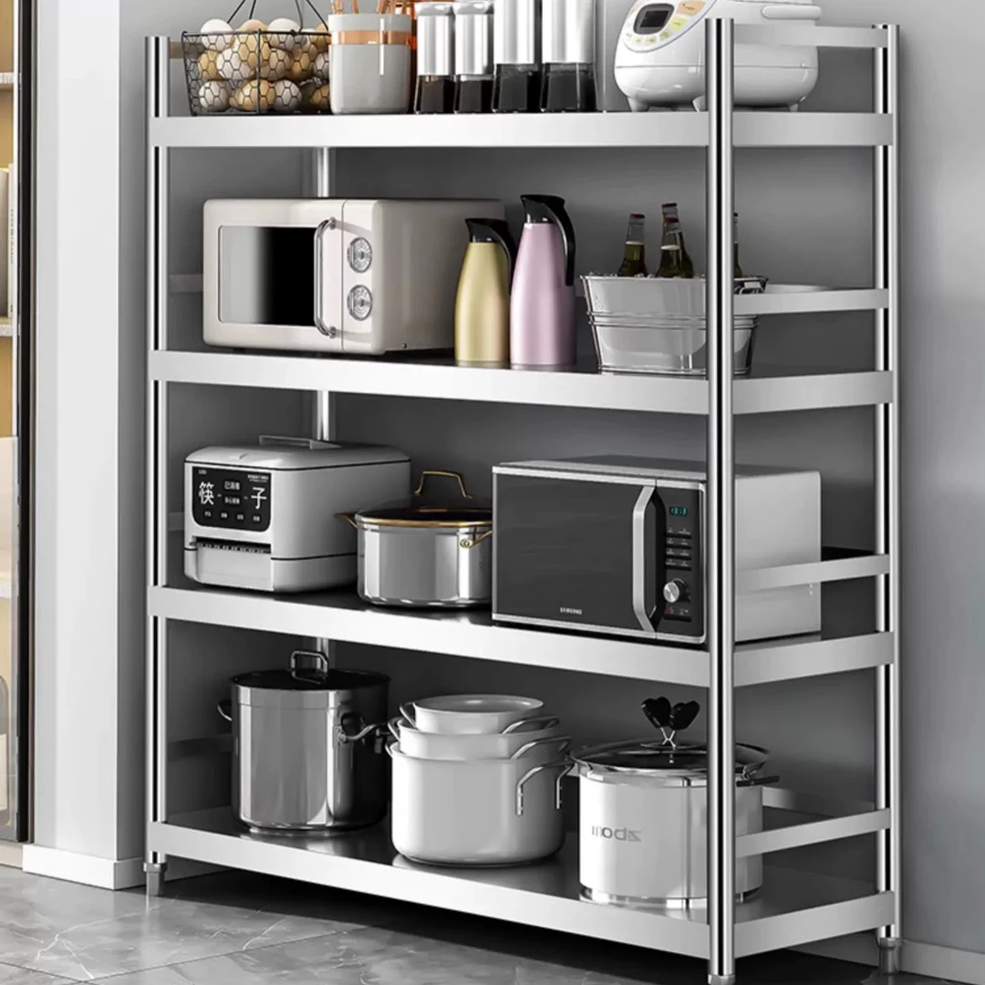 304四层带围栏不锈钢厨房置物架落地多层微波炉烤箱收纳储物架子