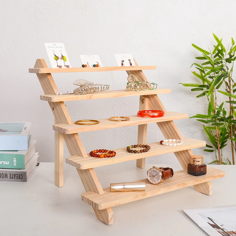 胡桃木色阶梯展示台卡片收纳饰品手办公仔陈列摆放落地实木置物架