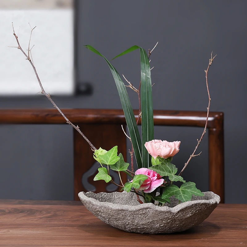 仿石头花盘剑山插花器陶瓷花盆底座中式器皿插花固定茶几桌面摆件