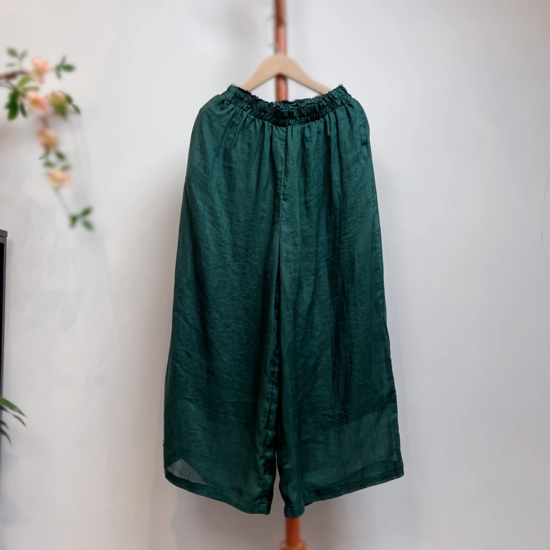 2024新款纯色苎麻文艺复古宽松直筒阔腿裤双层松紧腰女士休闲长裤