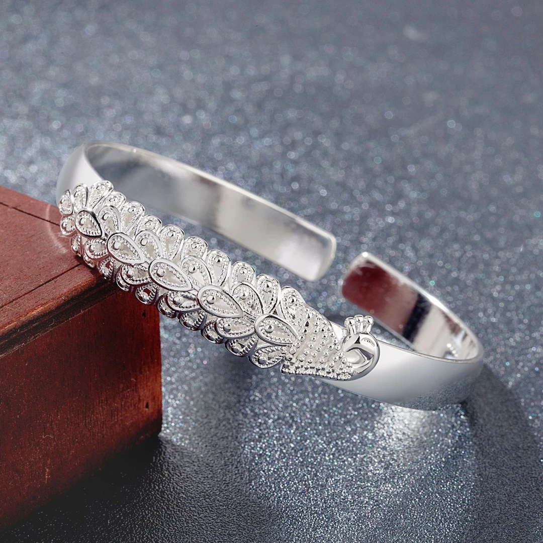 足银手镯  Y02号-足银999.9孔雀开口手镯