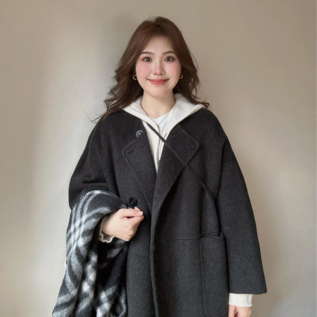 时尚气质呢大衣女2024秋冬新款韩版宽松中长款赫本风毛呢外套套装