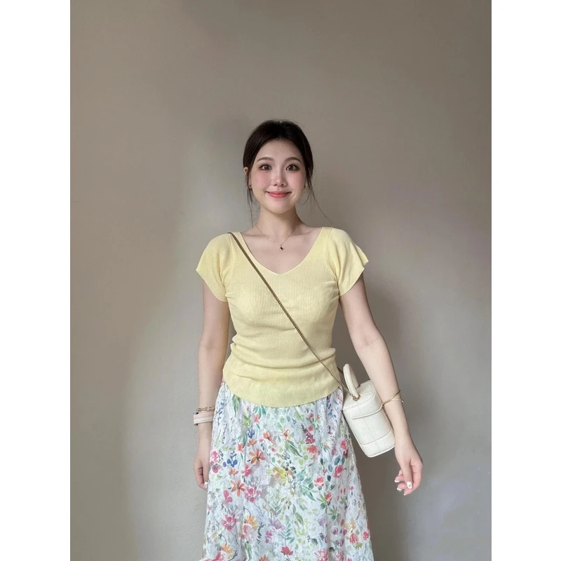 2024夏新款正肩针织T恤短袖收腰显瘦法式气质镂空蕾丝鱼尾半身裙