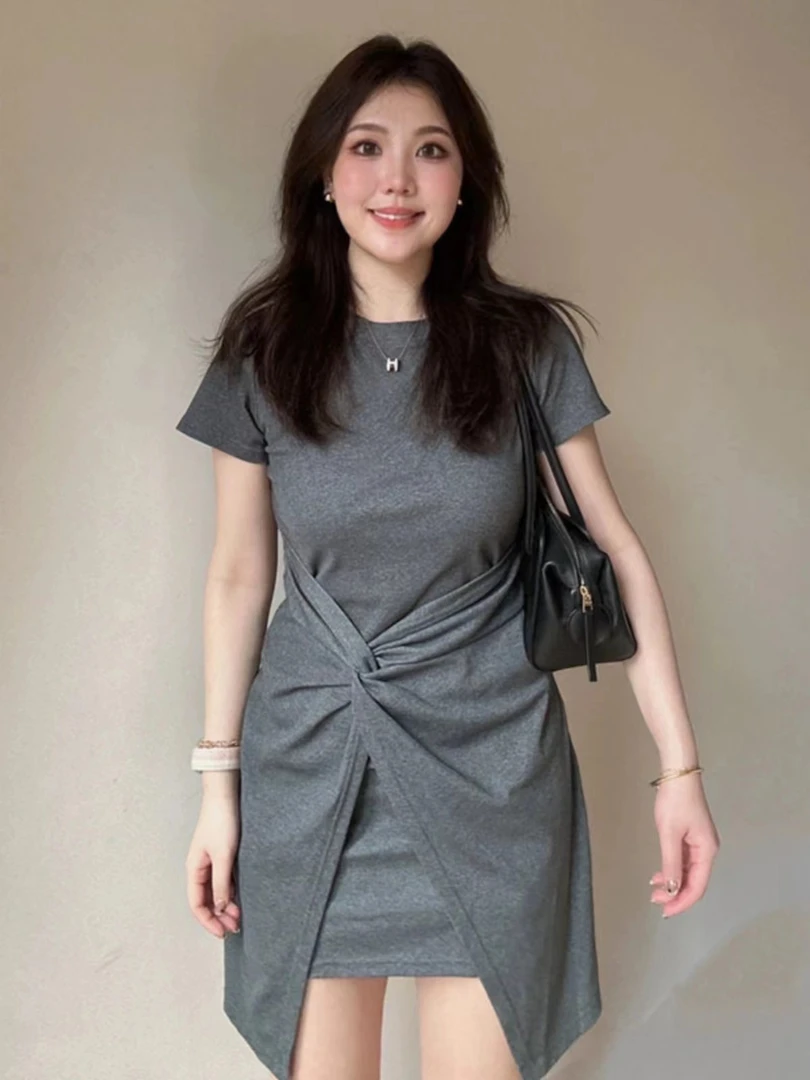 赫本风高端精致收腰系带灰色短袖连衣裙夏季新款小众设计感短裙女