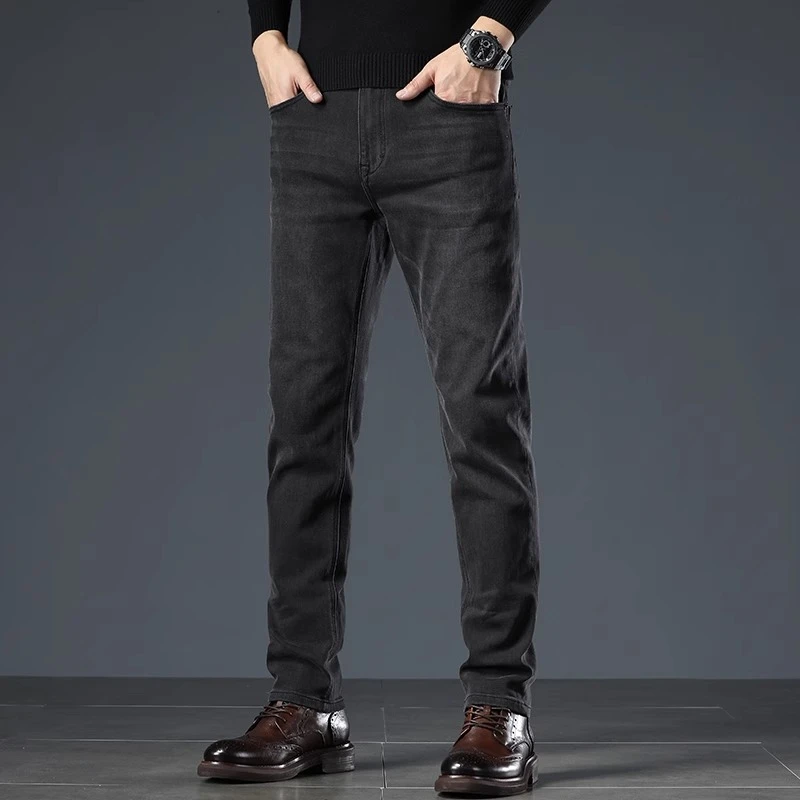 加绒2024秋冬季新款牛仔裤男士高端弹力修身直筒黑色商务休闲长裤