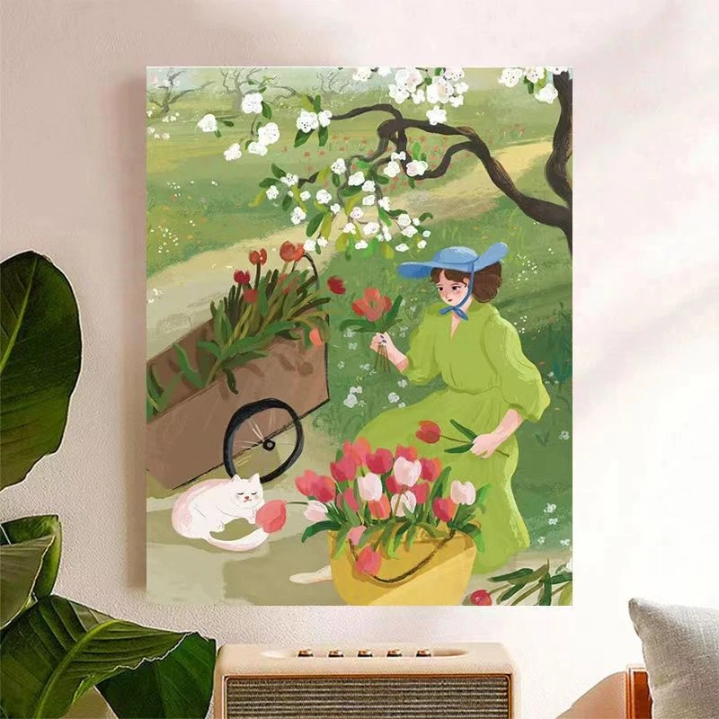 春日女孩猫咪客厅卧室装饰画郁金香樱桃温馨简约室内挂画卧室房间