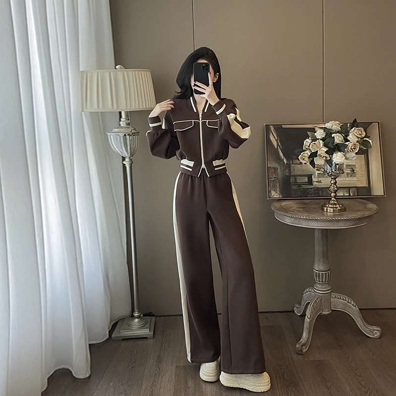 时尚休闲运动套装女款气质服装冬加绒加厚棒球服阔腿束脚裤两件套