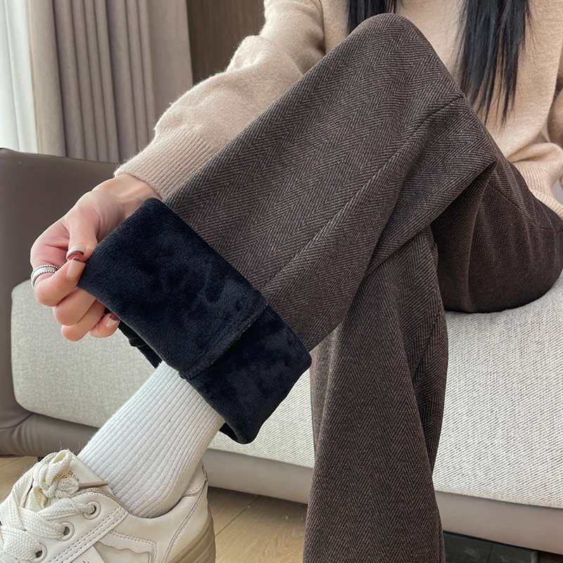 人字纹毛呢阔腿裤女秋冬新款高腰显瘦垂感直筒裤小个子窄版休闲裤