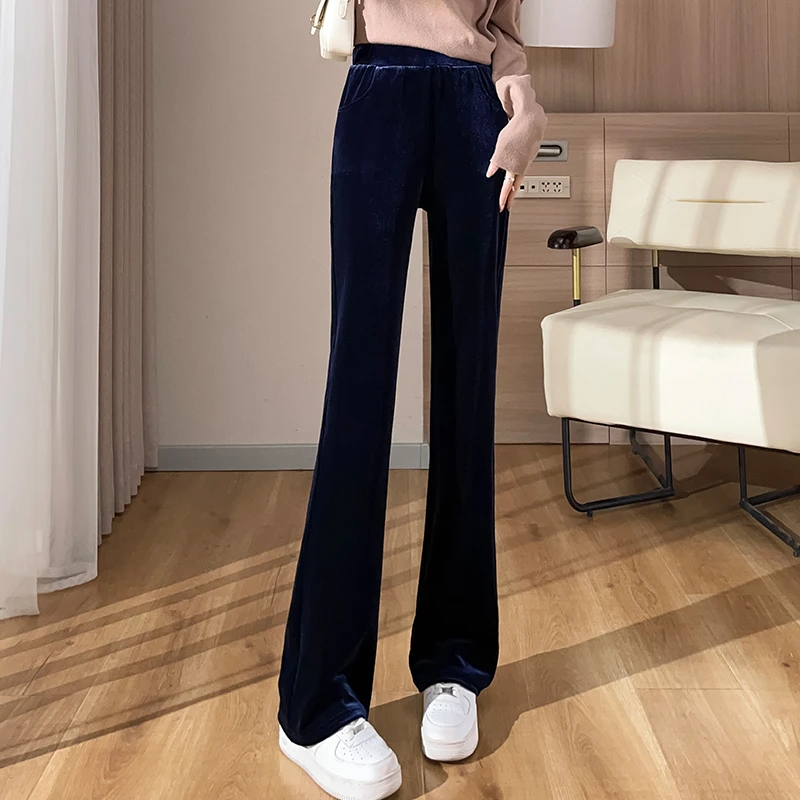 金丝绒微喇叭裤子女高级感秋冬新款加绒小个子高腰垂感显瘦微喇裤