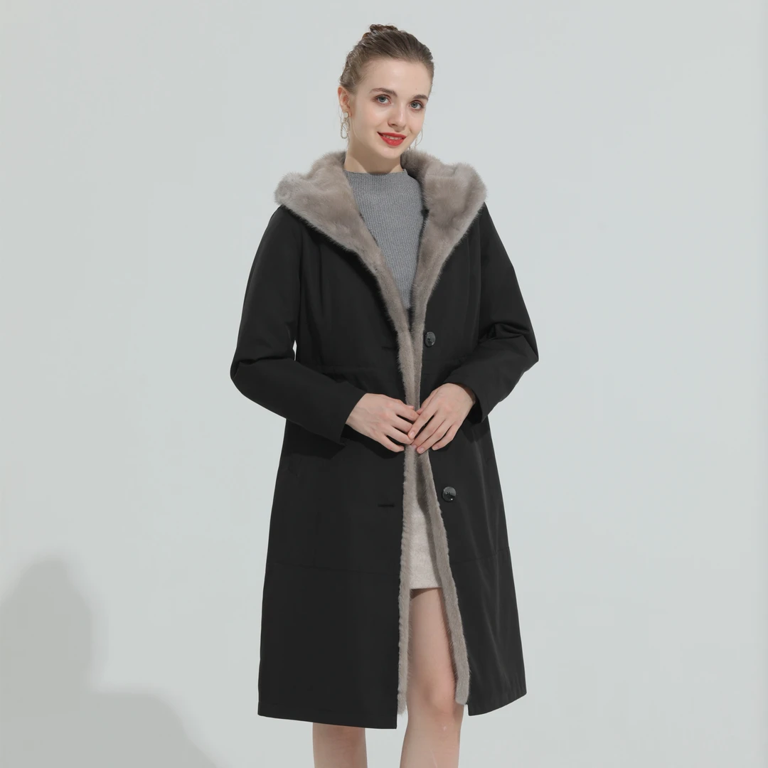 长款 款号 23701 商场专柜同款貂绒保暖派克女士连帽长款优雅简约
