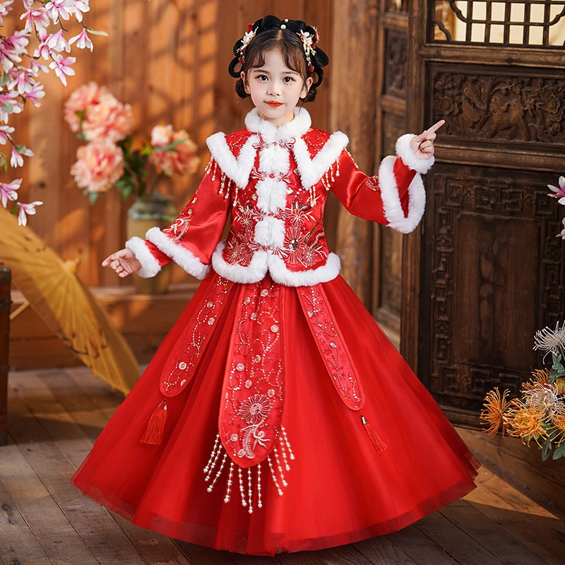 1254汉服儿童女冬季新款旗袍拜年服儿童喜庆过年套装冬款新年唐装
