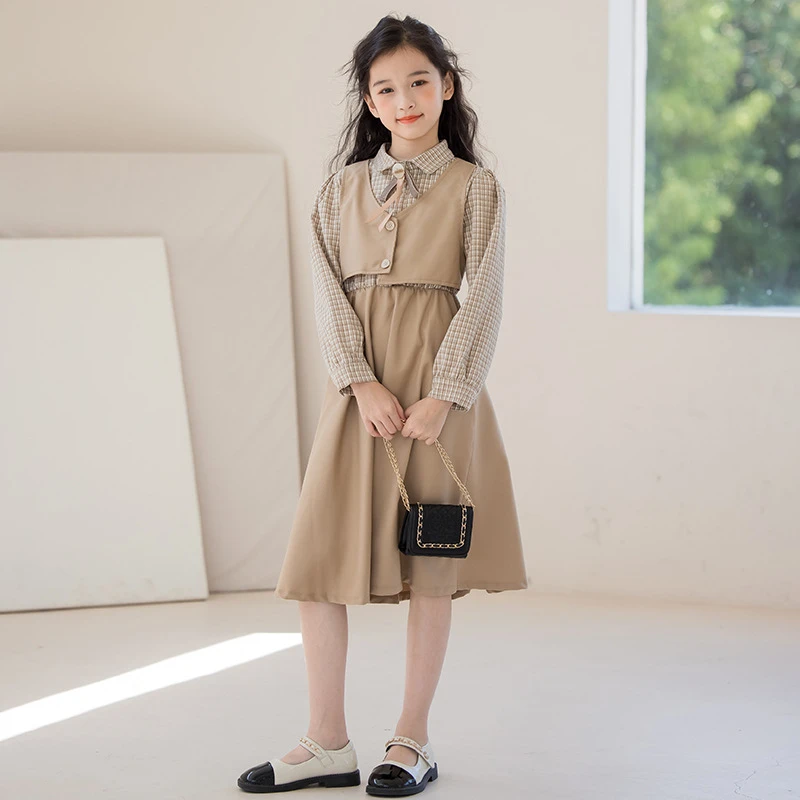 亲子装女童假两件连衣裙千鸟格女孩衣服秋款学院风中大童女装