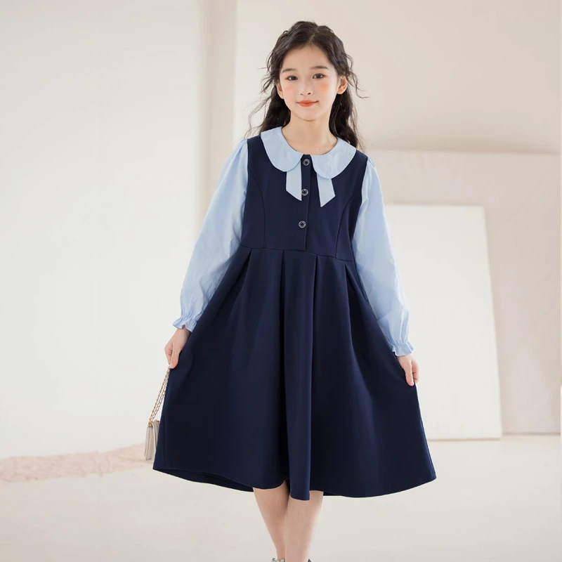 亲子装女童拼色连衣裙学院风公主裙秋季过膝裙子洋气大童女装
