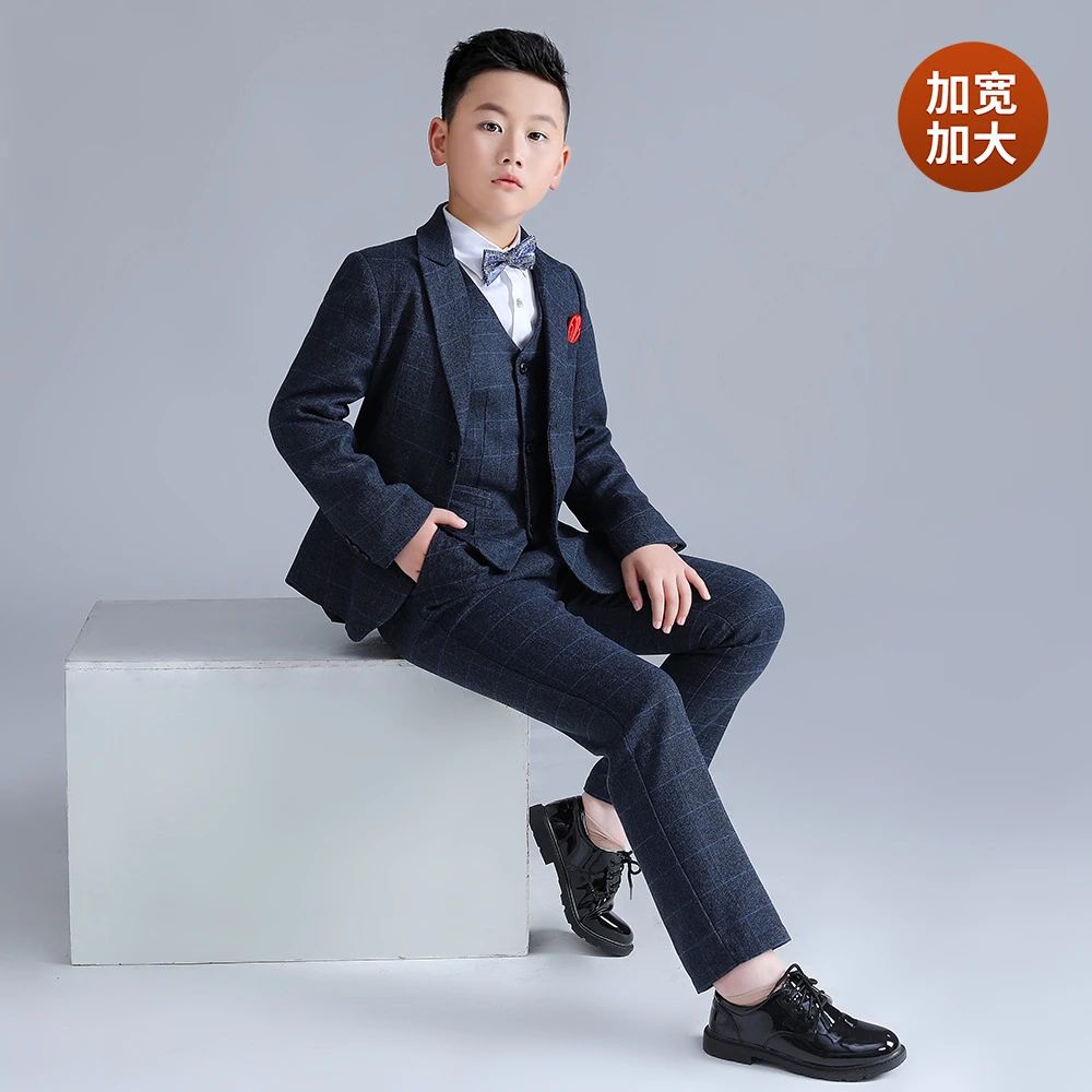 儿童西装三件套中大童加肥加大版胖童格子演出服花童礼服