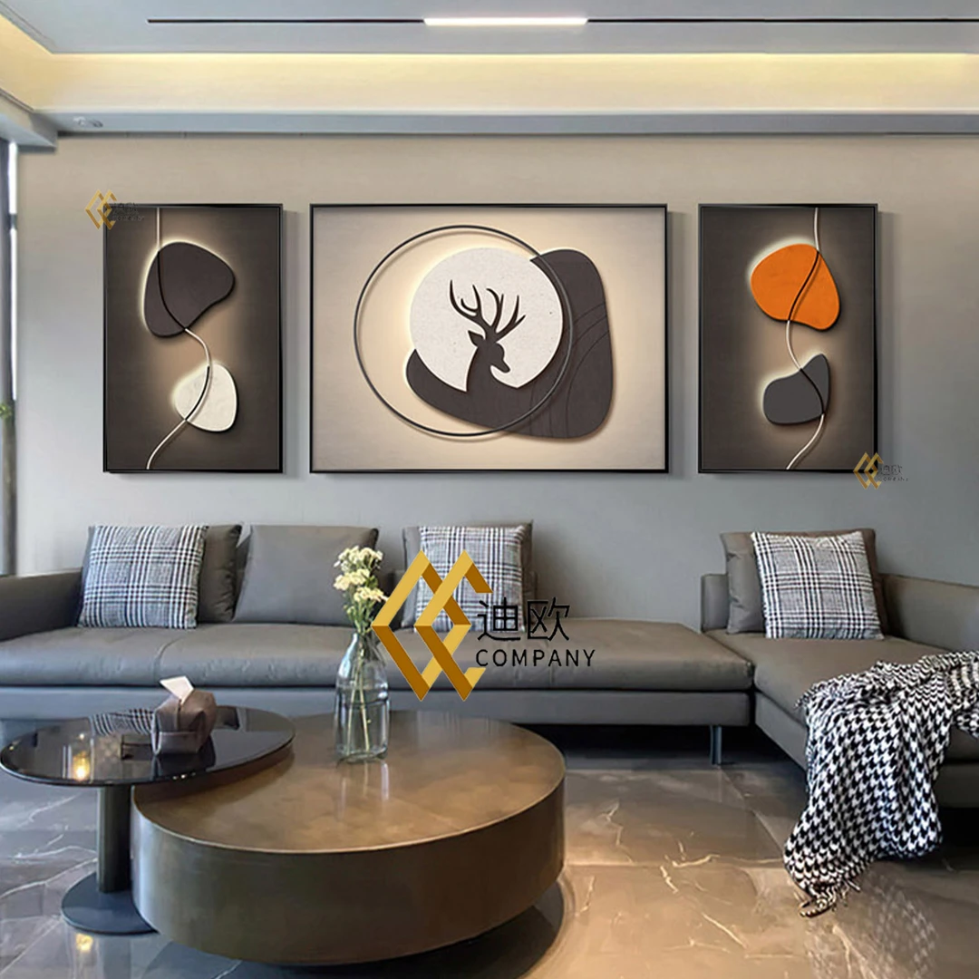 现代客厅画【三联画动物系列】九鱼鹿马大象轻奢沙发背景画卧室画