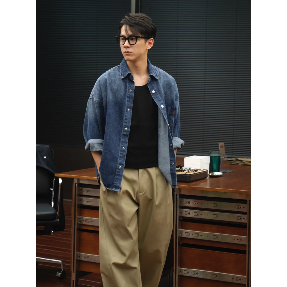 【XUMA】秋季“万物引力”重磅牛仔宽松复古渐变水洗欧美风衬衫外套