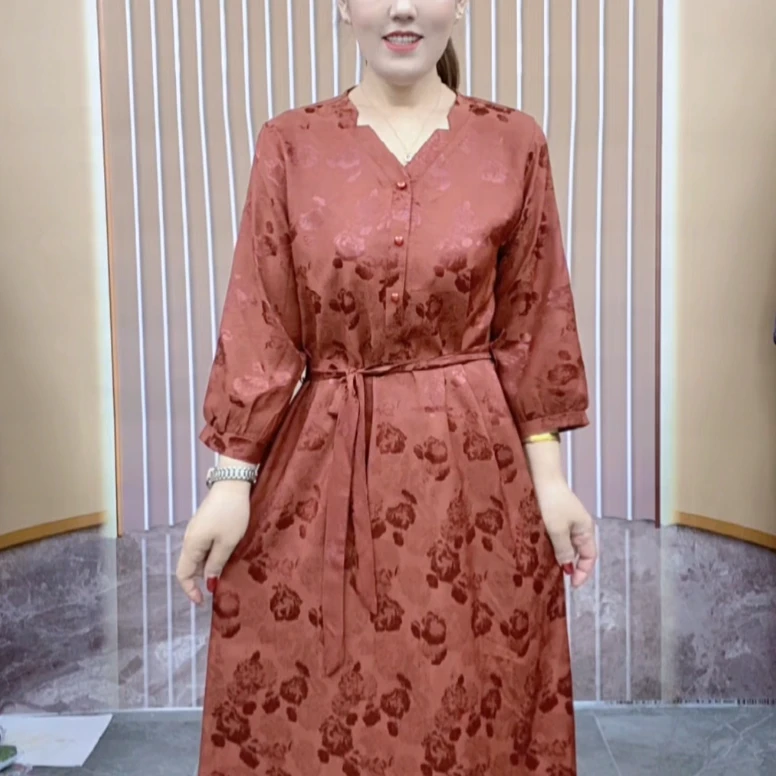 179显瘦气质长袖网红时尚夏季印花妈妈装连衣裙