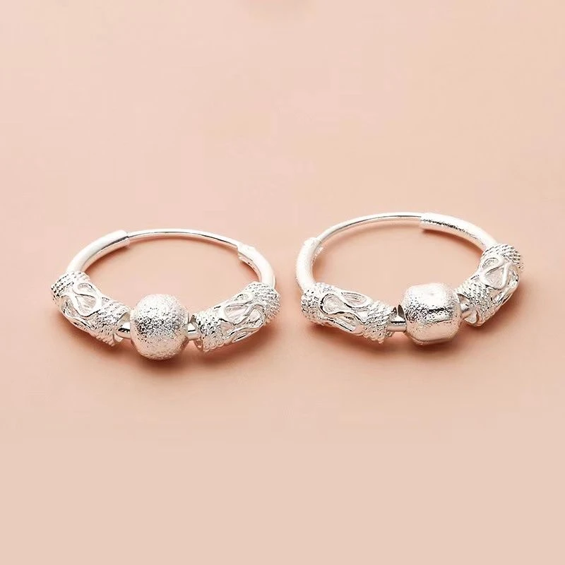 足银耳饰 足银999纯银耳环女款转运珠银耳圈实心防过敏妈妈耳环