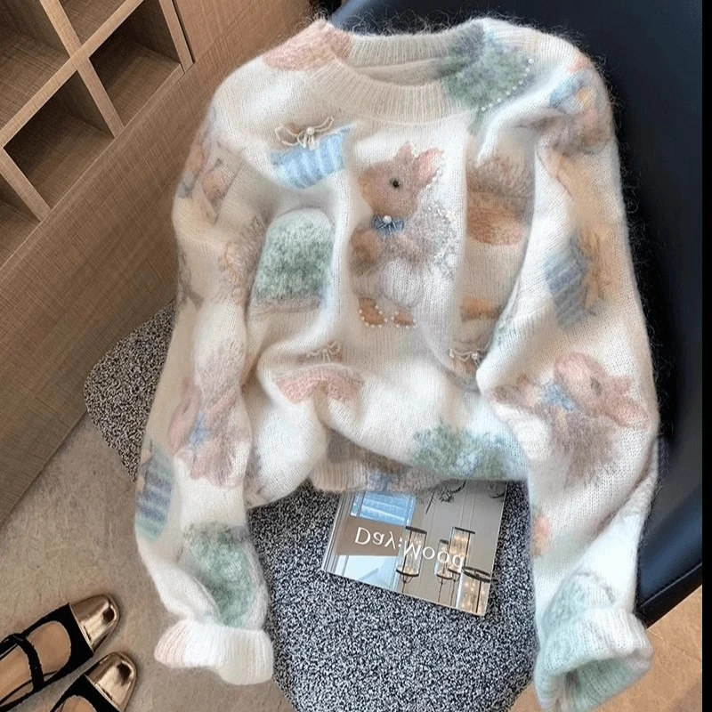 2025秋冬甜美温柔风宽松百搭毛衣可爱小兔子印花钉珠软糯针织衫女