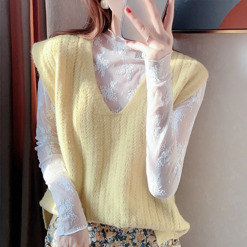半高领蕾丝打底衫女长袖秋冬内搭配毛衣透明网纱薄款洋气透视上衣