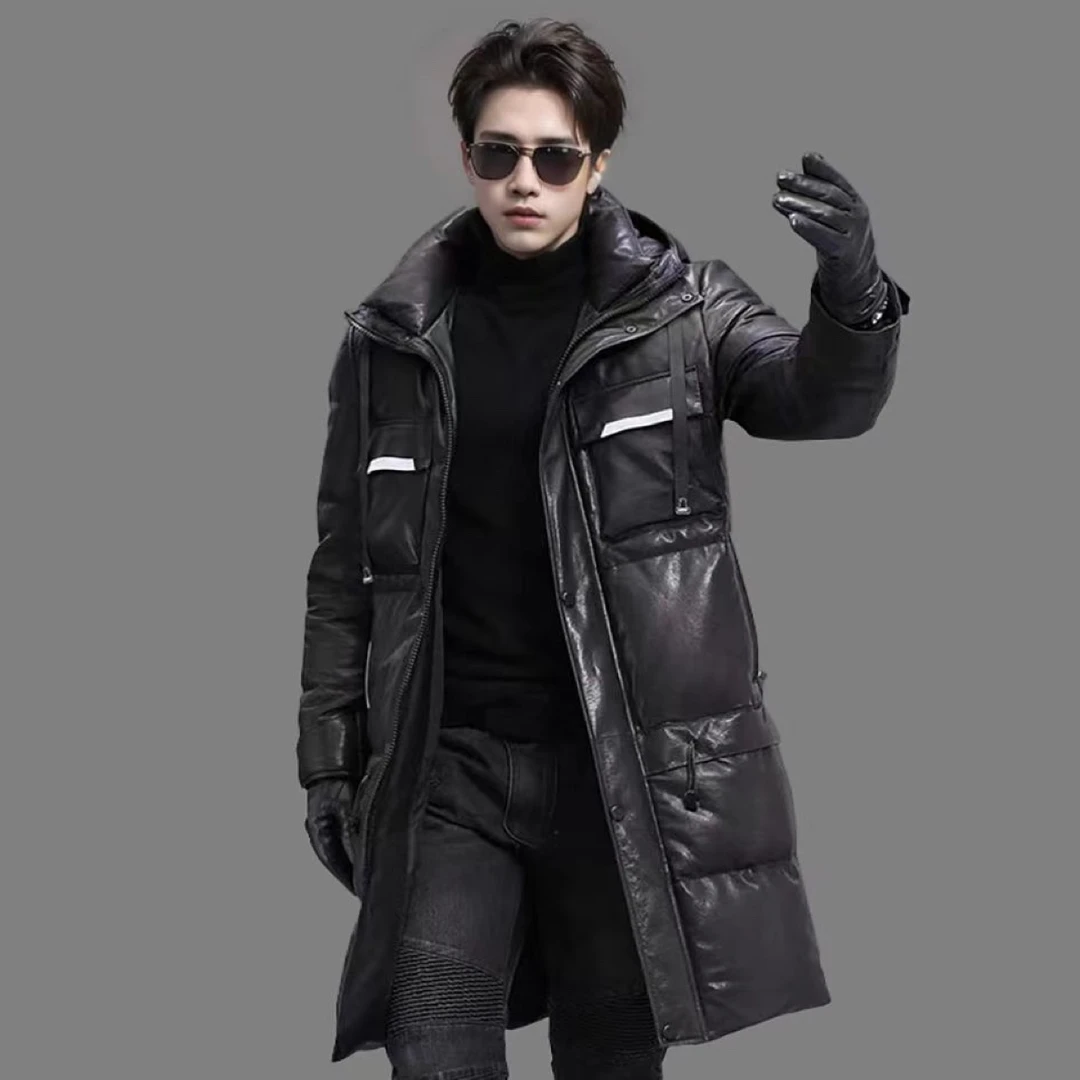 168超薄全植鞣中长连帽款经典加长 时尚真皮男款加绒保暖防寒黑色