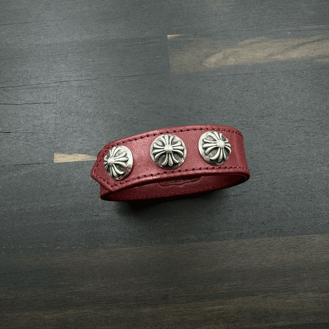 98新 Chrome Hearts 克罗心 酒红色十字花皮手环