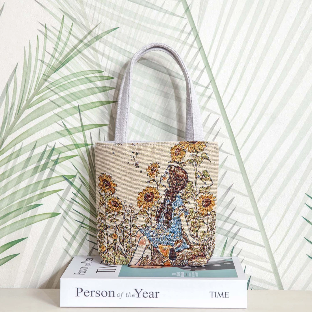 【迷你手拎花田女孩】ins卡通手提帆布包提花绣休闲上班百搭手机包