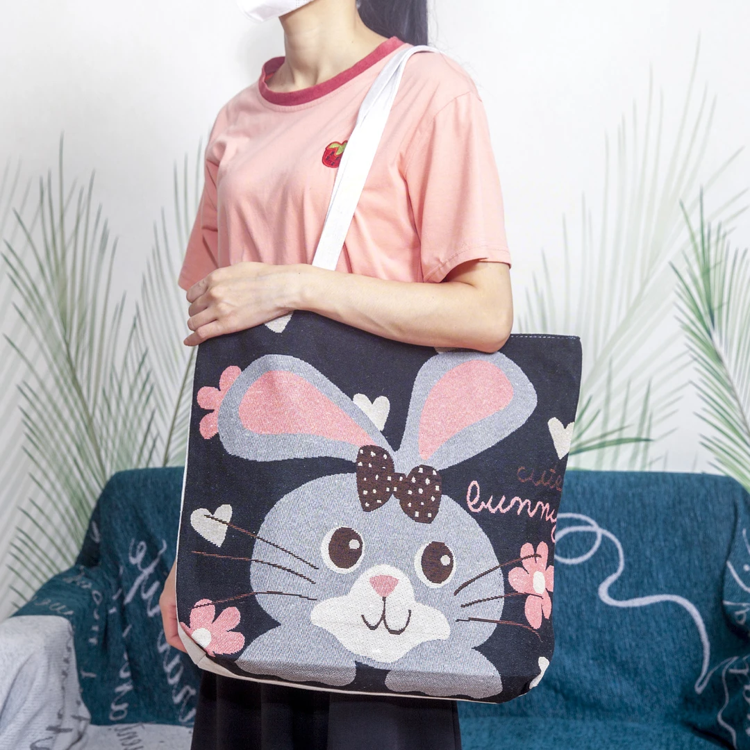 【大包单面金丝 大耳朵兔子】上班时尚女士提花绣帆布百搭单肩包