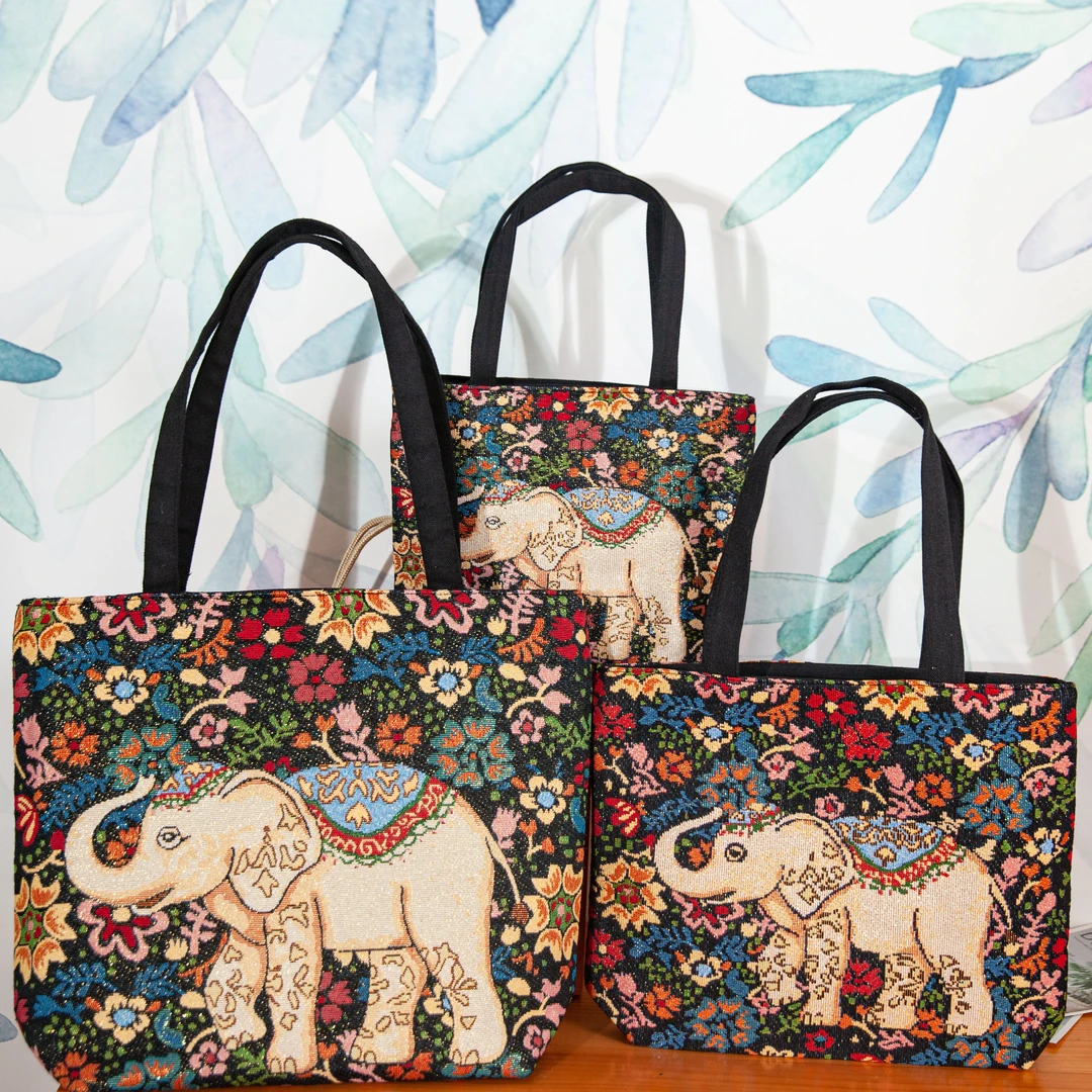 黑花大象气质提花防水刺绣单肩包时尚文艺百搭帆布包购物袋民族风