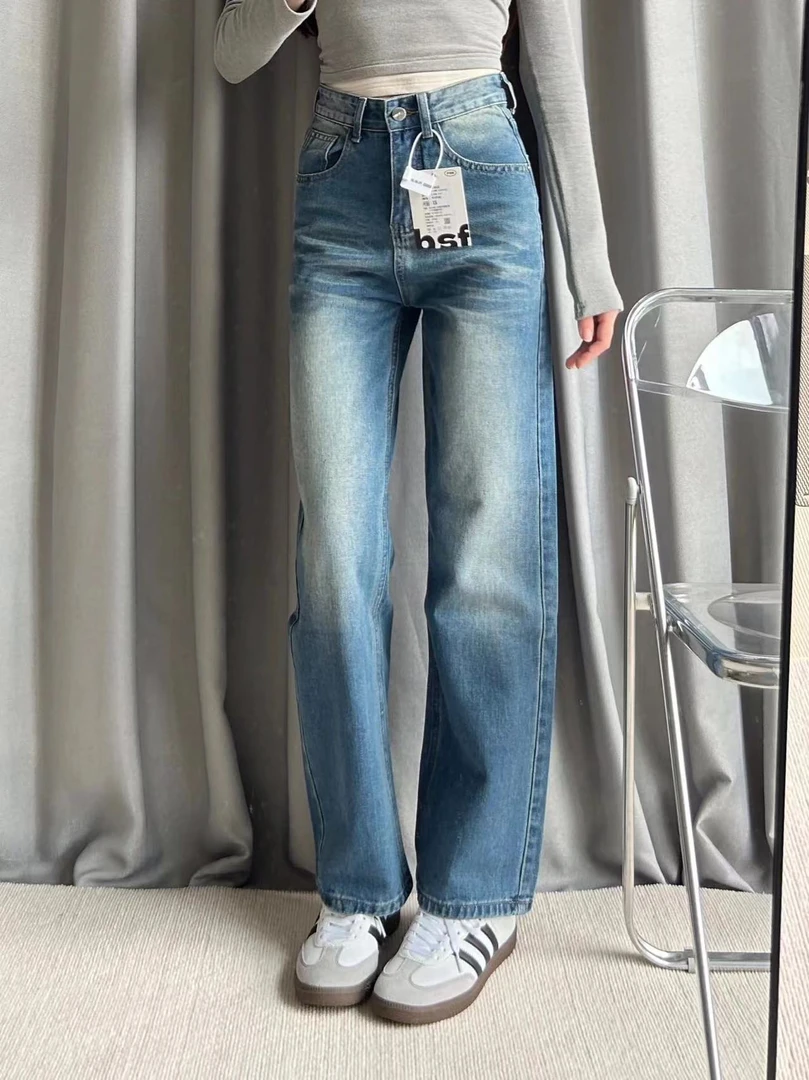 美式复古直筒牛仔裤女早春新款高腰水洗做旧宽松阔腿小个子长裤潮