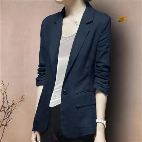 棉麻小西服外套2024夏季薄款春秋亚麻七分袖女士大码休闲职业西装