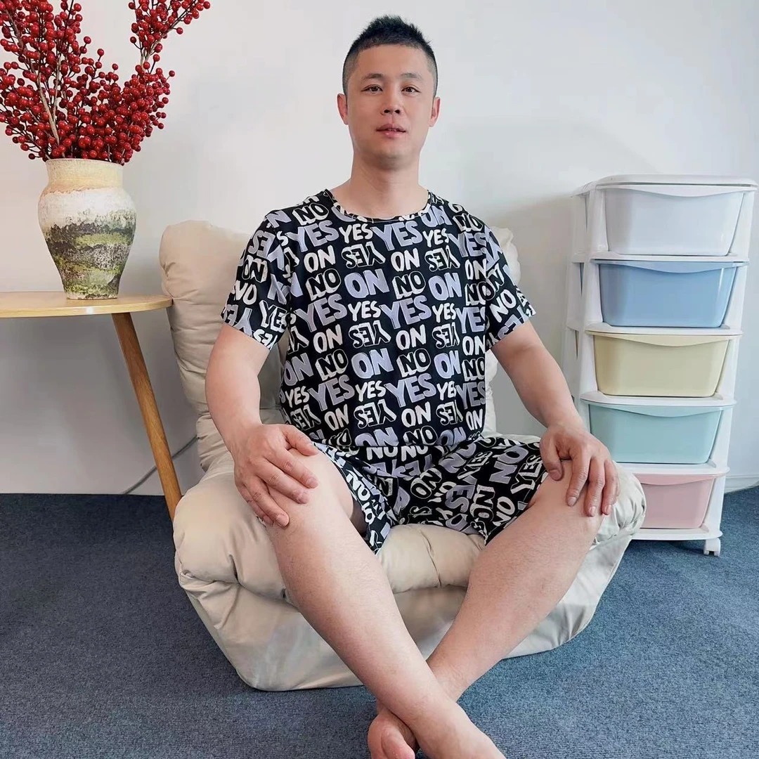 男士夏季无袖款短袖款时尚套装卡通印花绵绸口袋清凉吸汗透气速干