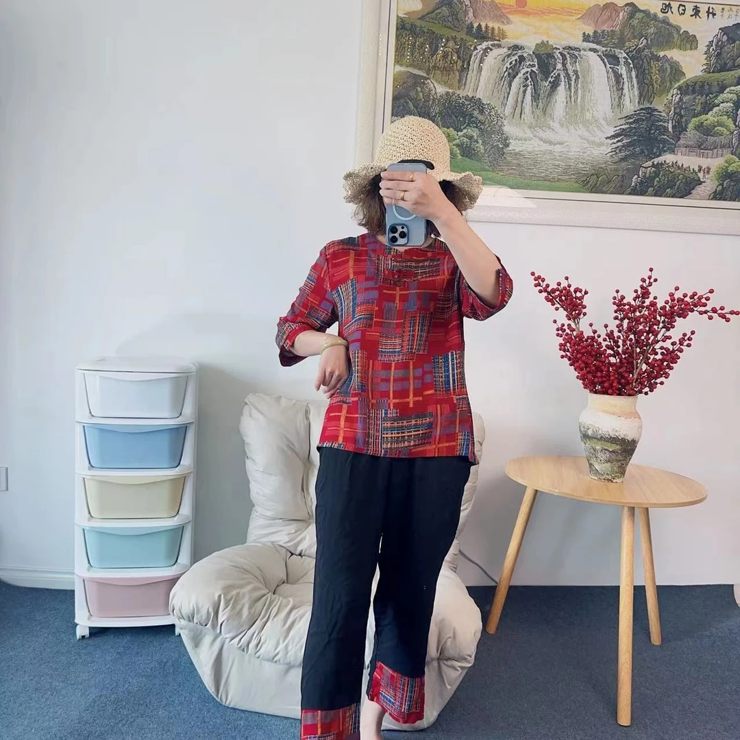 妈妈装刺绣开衫套装中式七分袖印花套装夏季口袋吸汗透气凉爽棉绸