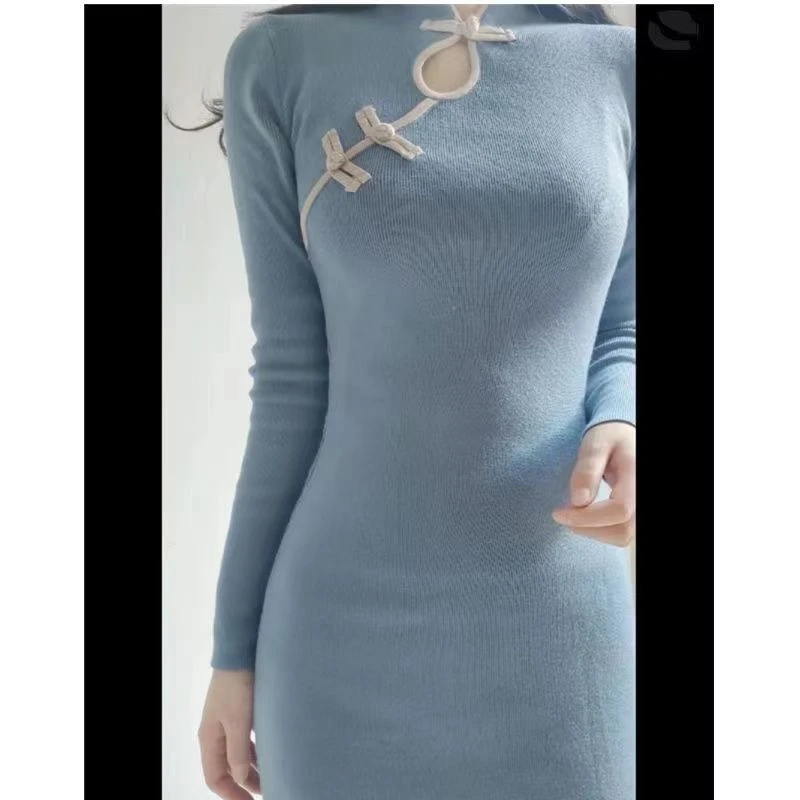 优雅温婉纯欲风针织日常旗袍打底连衣裙新中式粉色温柔国风年轻款