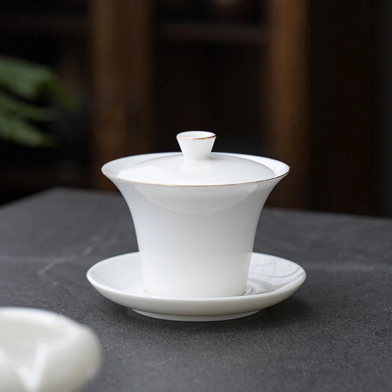 中式羊脂玉描金纯白三才悬停盖碗防烫手工泡茶碗陶瓷茶具简约白瓷