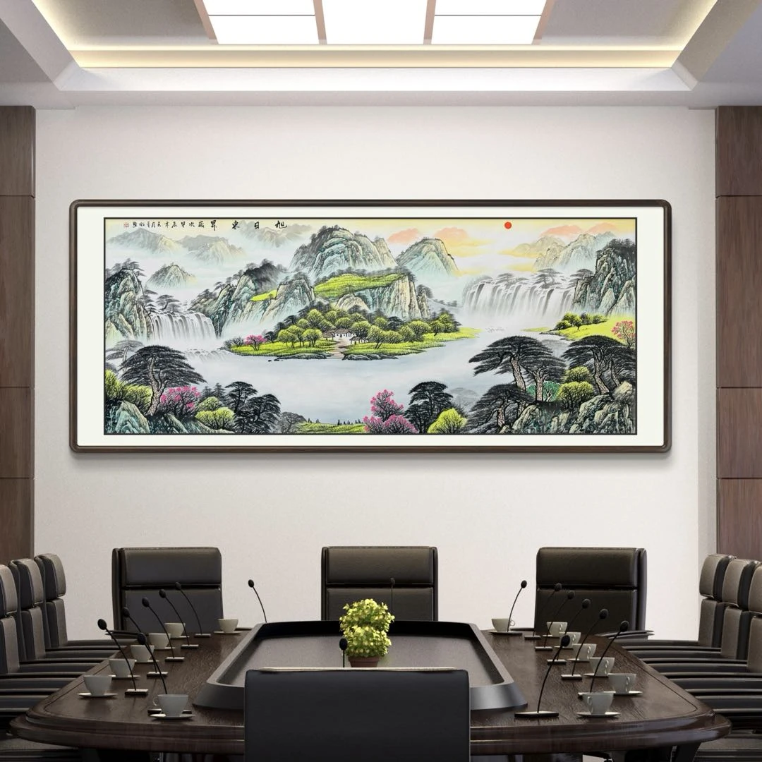 《旭日东升》手工画山水画四尺六尺八尺青绿挂画山水客厅床头