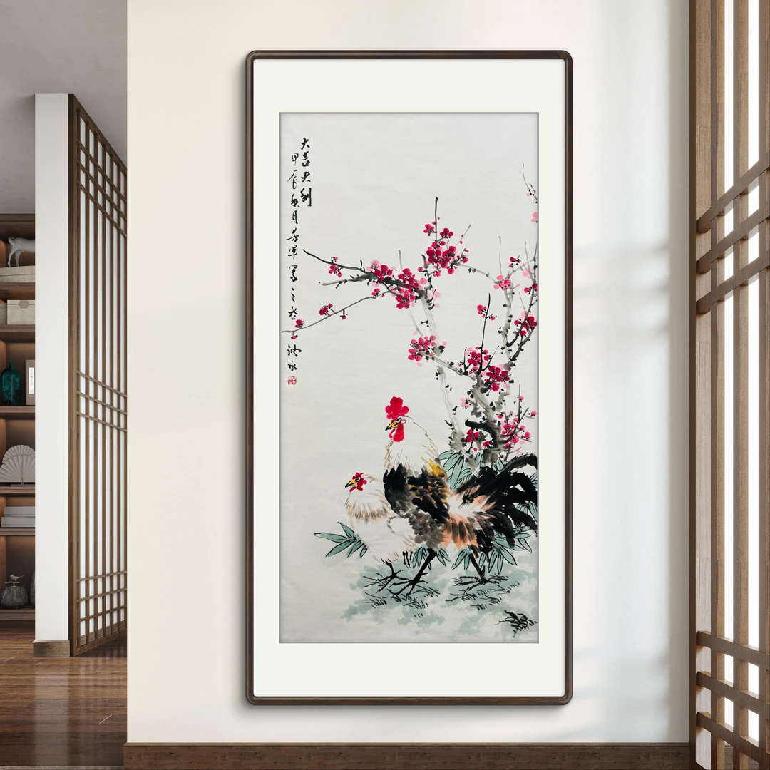 张芳军手绘《大吉大利》四尺竖幅梅花大公鸡玄关走廊挂画文玩探宝