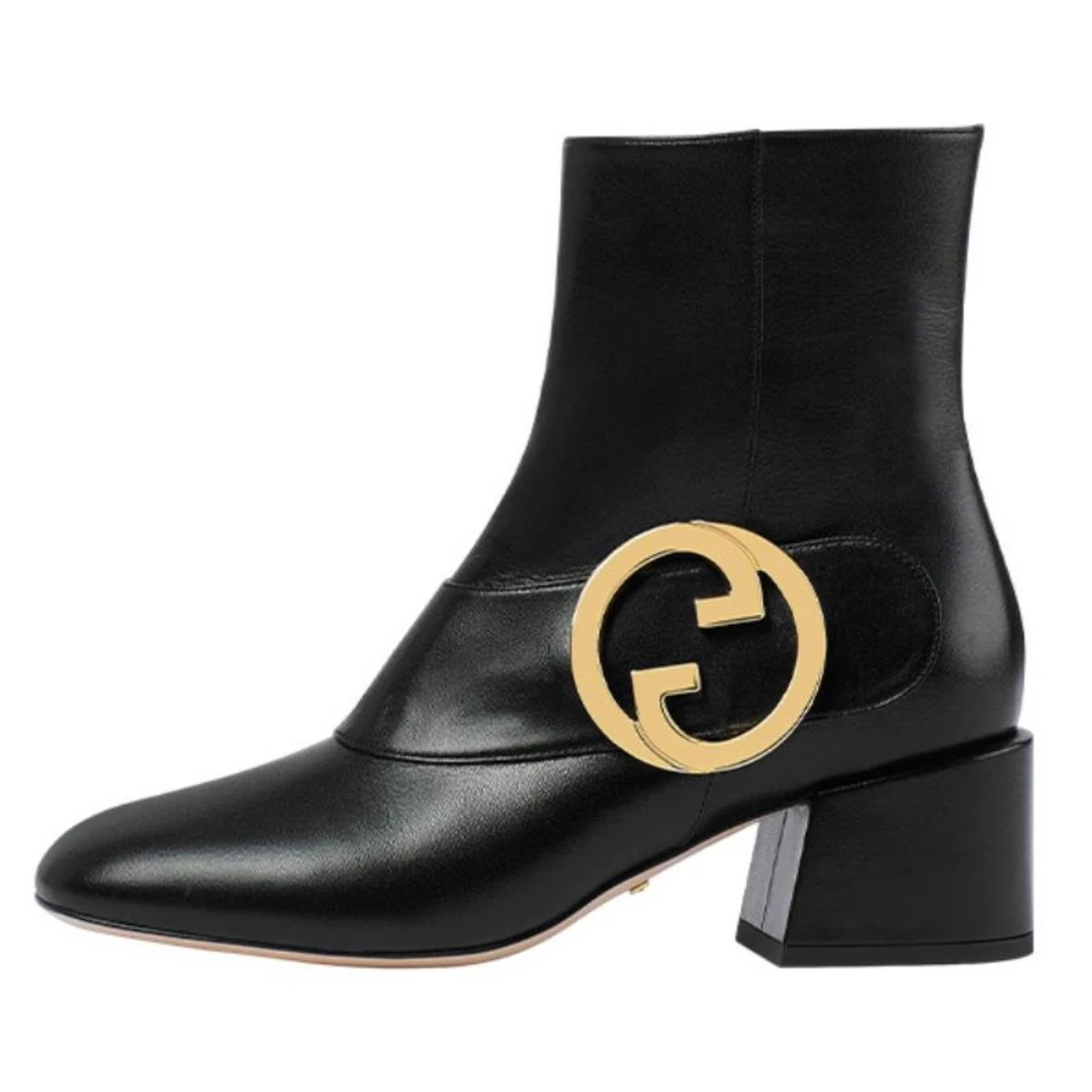 未使用 GUCCI/古驰 女款金色双G扣黑色皮面低跟时尚中筒靴 多尺码