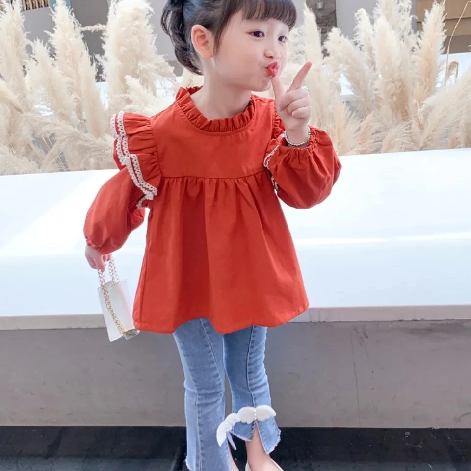 女童长袖娃娃衬衫韩版2022新款秋装女宝宝洋气公主打底衫飞袖上衣