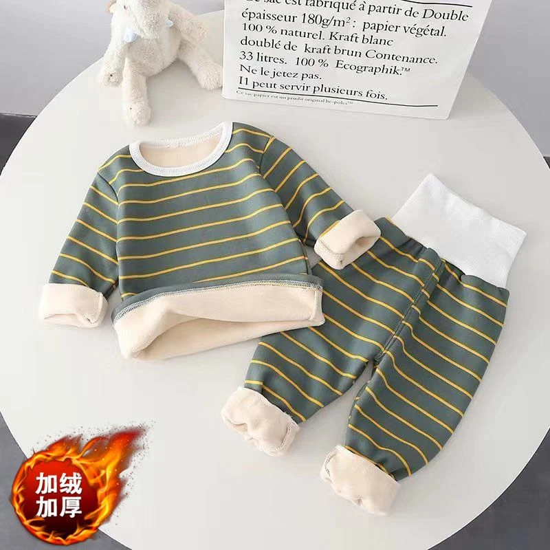 宝宝保暖衣套装男童家居服儿童加绒高腰护肚睡衣婴儿秋衣秋裤薄绒