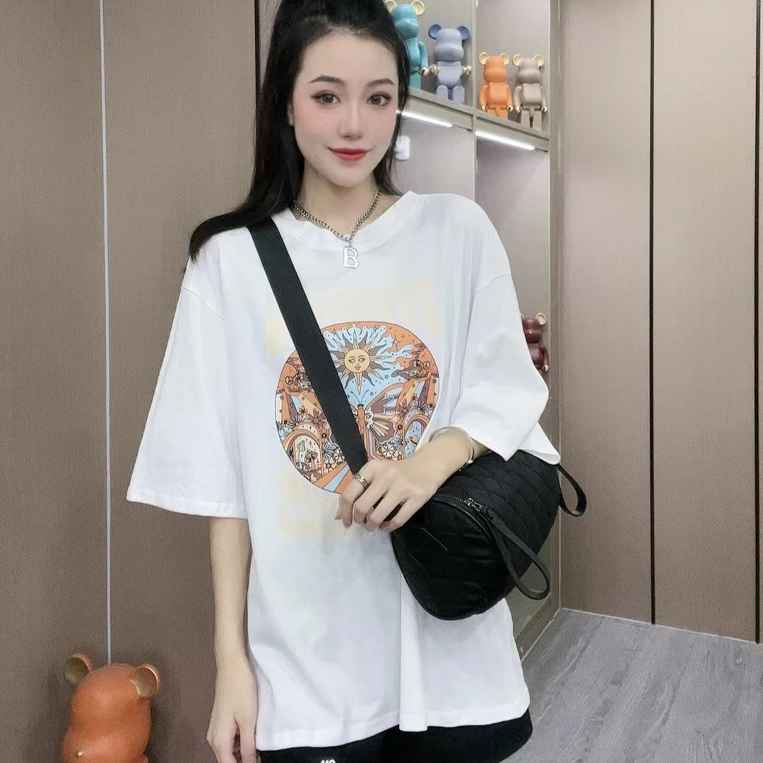 3702夏季新款圆领印花T恤女设计感小众欧货宽松版型上衣时尚百搭