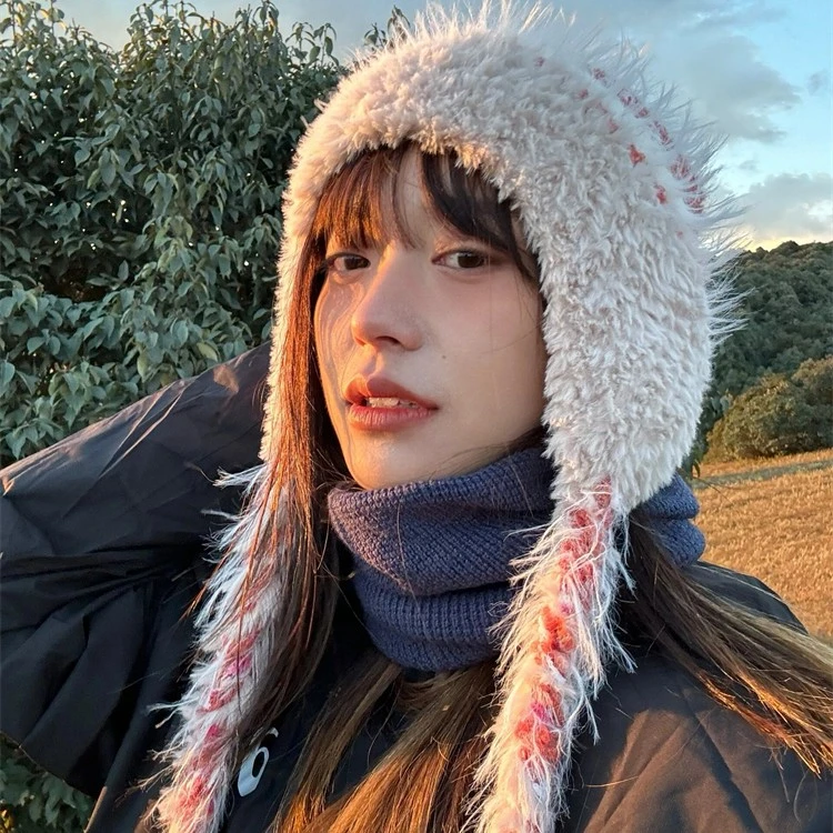秋冬条纹拼接针织毛线帽女加厚保暖防寒护耳套头帽显脸小雷锋帽冬