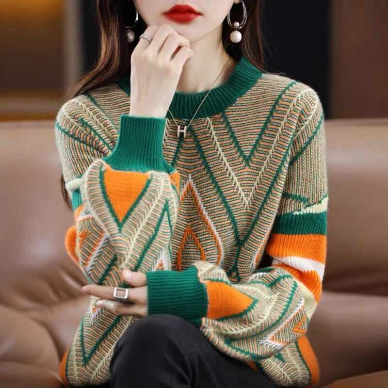 秋冬新款2023加厚圆领毛衣女时尚宽松慵懒撞色菱形提花针织衫打底