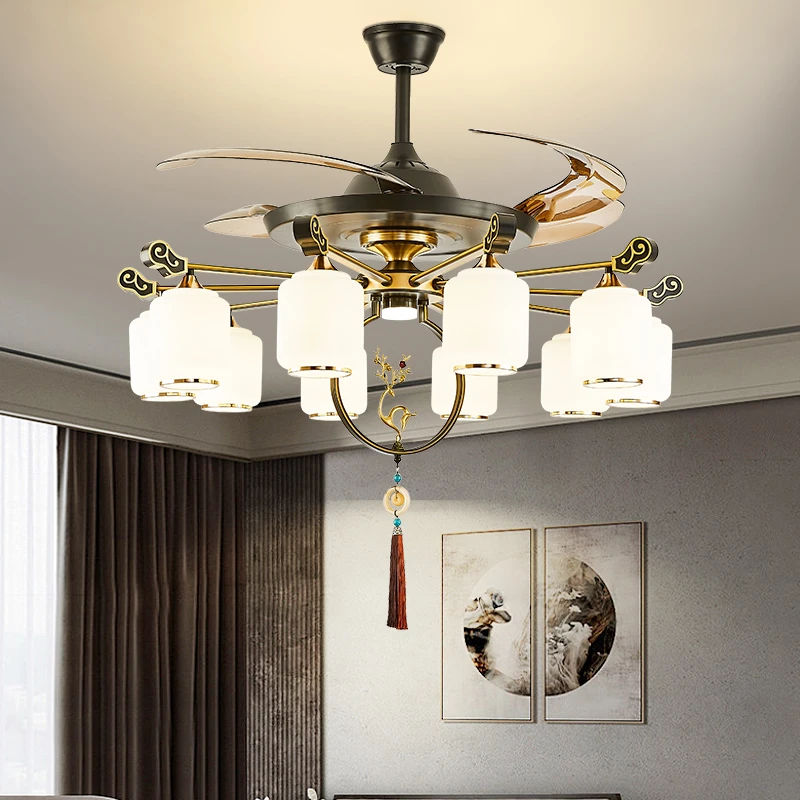 新中式风扇灯大气客厅吊扇灯餐厅灯全铜电机变频遥控隐形吊扇灯