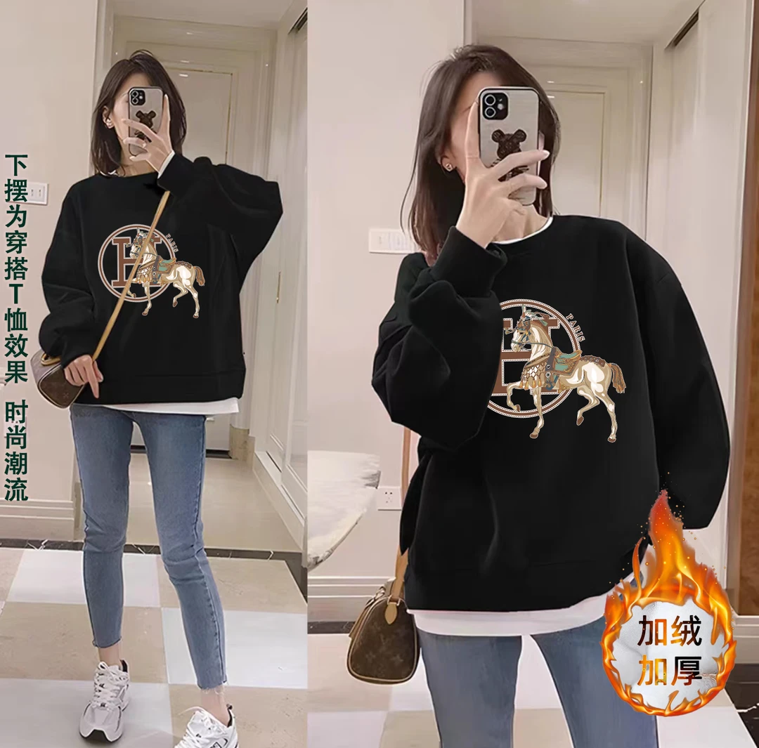 加绒加厚国潮时尚（非假两件）男女同款圆领时尚圆领卫衣-战马橙