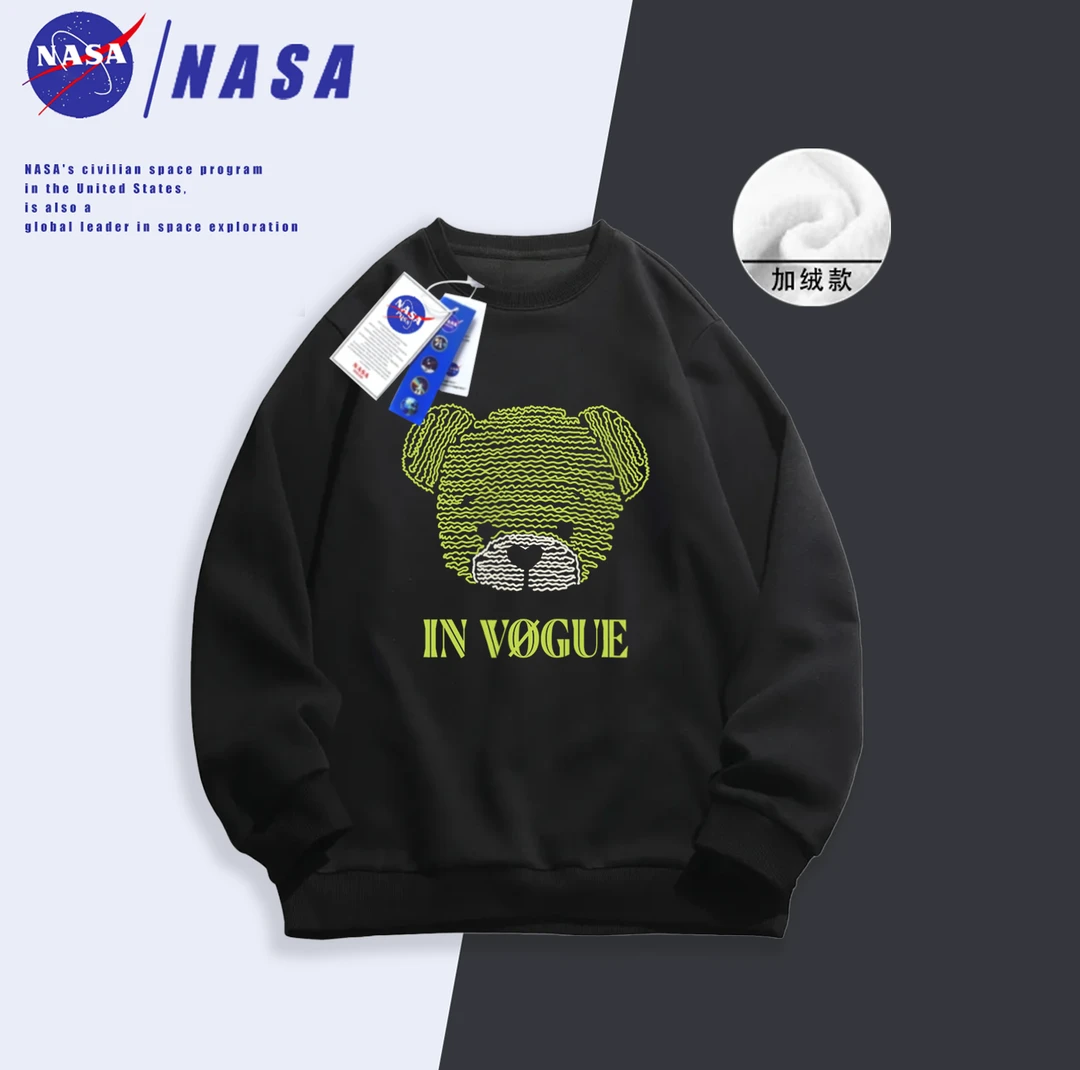 加绒加厚潮流国潮男女同款圆领时尚休闲百搭圆领卫衣-绿线条熊