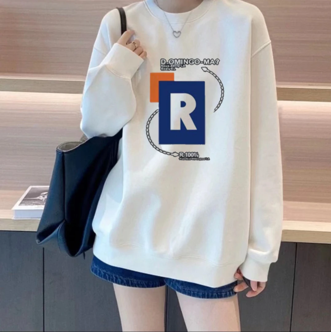 NASA秋冬港风国潮男女同款圆领休闲百搭圆领ins卫衣-橙蓝R字母