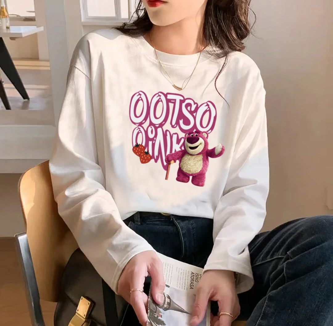 港风国潮时尚男女同款圆领时尚休闲百搭情侣长袖t恤-草莓大粉熊