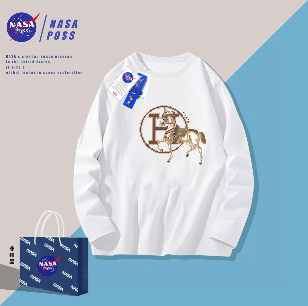 港风国潮时尚男女同款圆领时尚休闲百搭情侣长袖t恤-战马橙