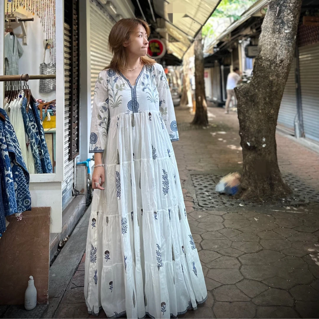 Taya 2024泰国夏季新款印度棉民族风印花连衣长裙